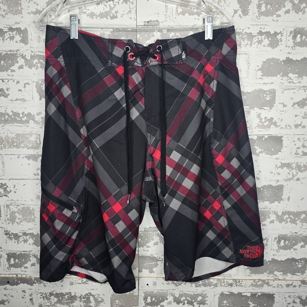 The North Face Mens Geometric Plaid‎ Board Shorts Drawstring Logo Embroidery 34"